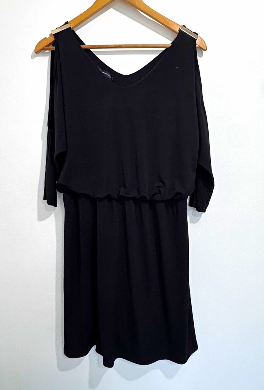 INC International Black Sheath V-Neck Cold Shoulder 3/4 Sleeve Dress M #1065